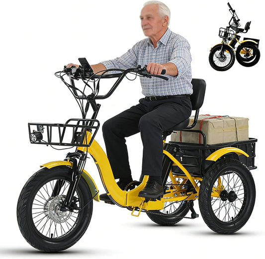 Tricycle électrique, Pneu Large 18' X 3,0, Autonomie De 44 Km, Avec Phare LED Et Klaxon, Pour Les Courses Et Les Pique-Niques. Yellow, 48 v 13 Ah
