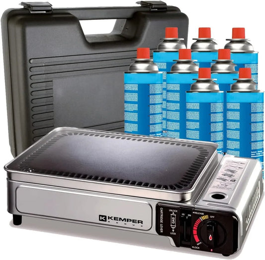 Barbecue, Plancha à gaz portable 2300W + 8 cartouches de gaz + Valise de transport Cuisson extérieure Camping Terrasse, KEMPER
