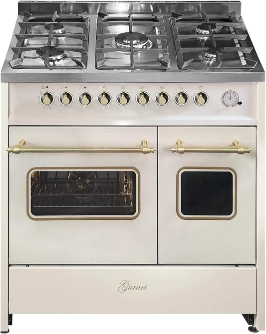Cuisinière à gaz, 90 cm avec double four électrique GCH E 916 Cr R Creme Range Coocker, 5 foyers à gaz, Gaz naturel et propane