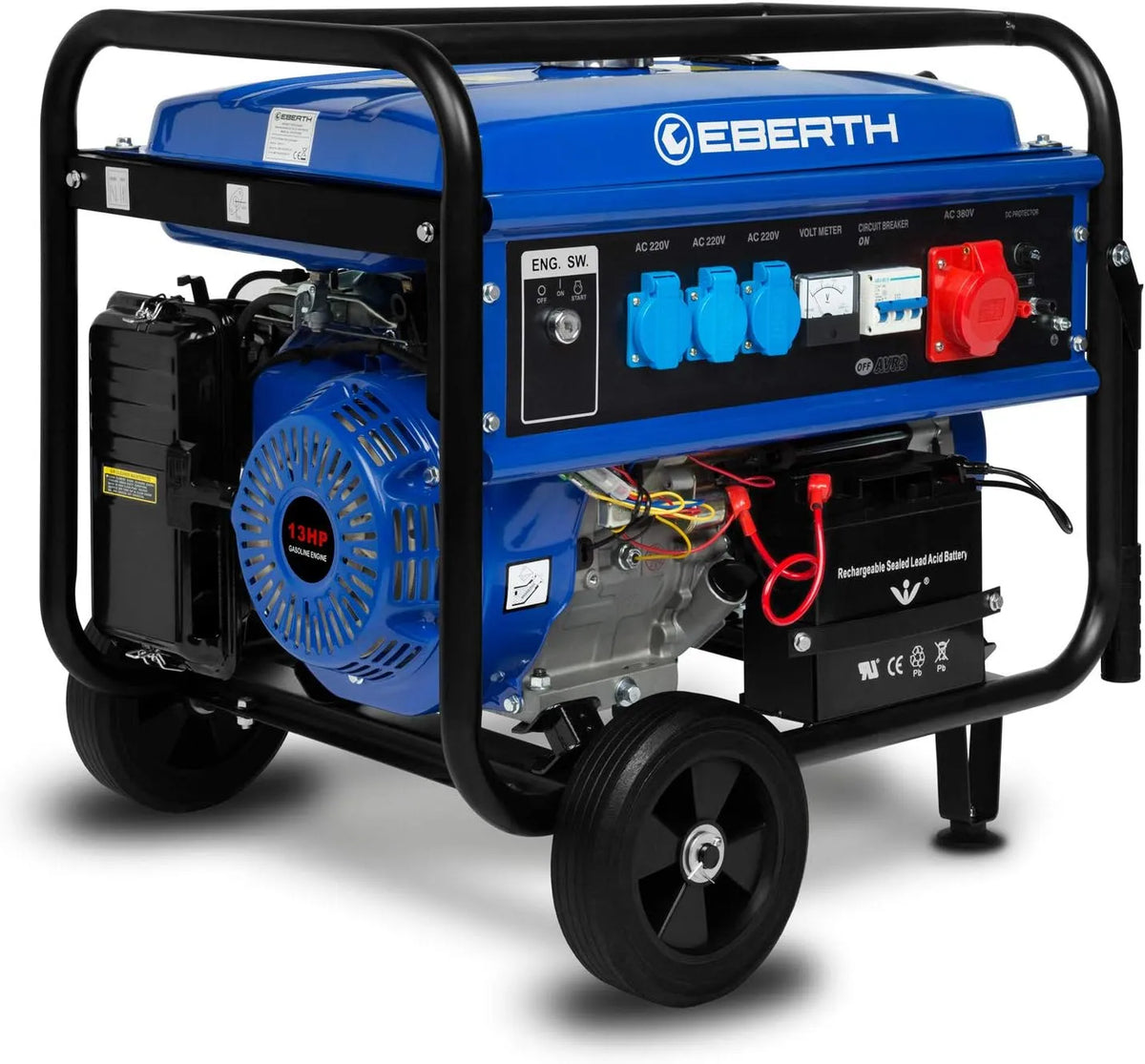 Groupe électrogène EBERTH 5500 Watt, 4 temps, 3x 230V, démarrage électrique, sécurité niveau d'huile monté sur roues, 1x 400V, 1x 12V, régulateur AVR