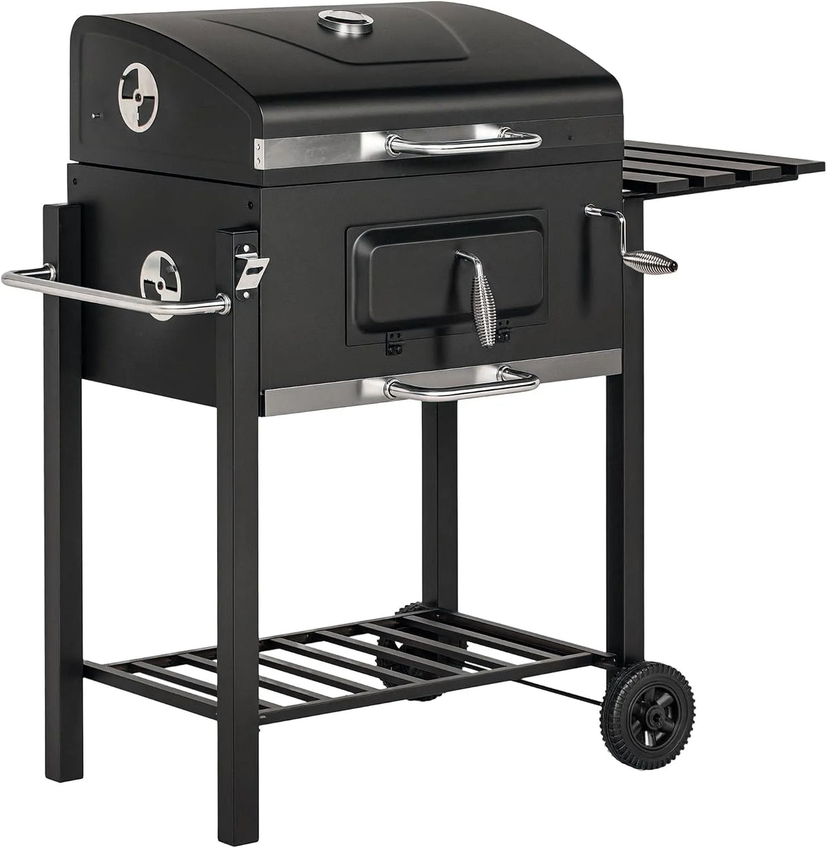 Outsunny barbecue, à charbon de bois avec grille à charbon réglable, roues, décapsuleur, table d'appoint, fumoir de jardin en métal avec étagère