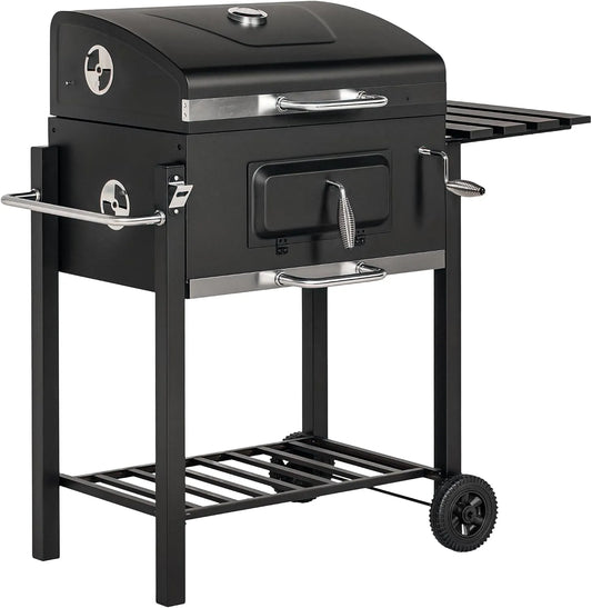 Outsunny barbecue, à charbon de bois avec grille à charbon réglable, roues, décapsuleur, table d'appoint, fumoir de jardin en métal avec étagère