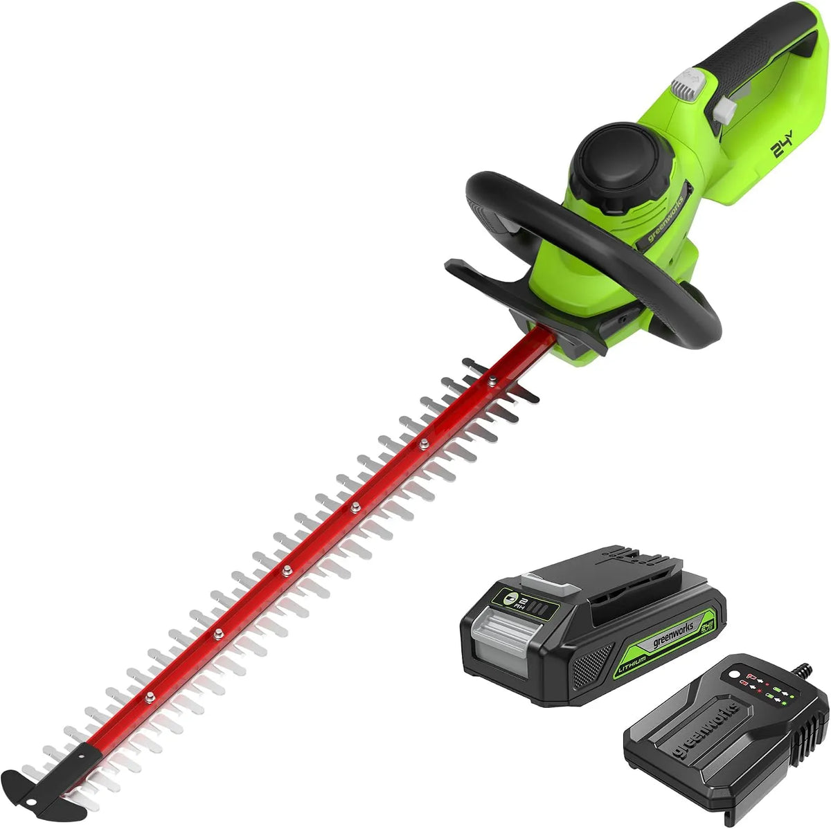Greenworks G24HT56IIK2 3000, Taille-haie sans Fil 24V, Lame Double Action de 56cm, avec Batterie 2Ah & Chargeur