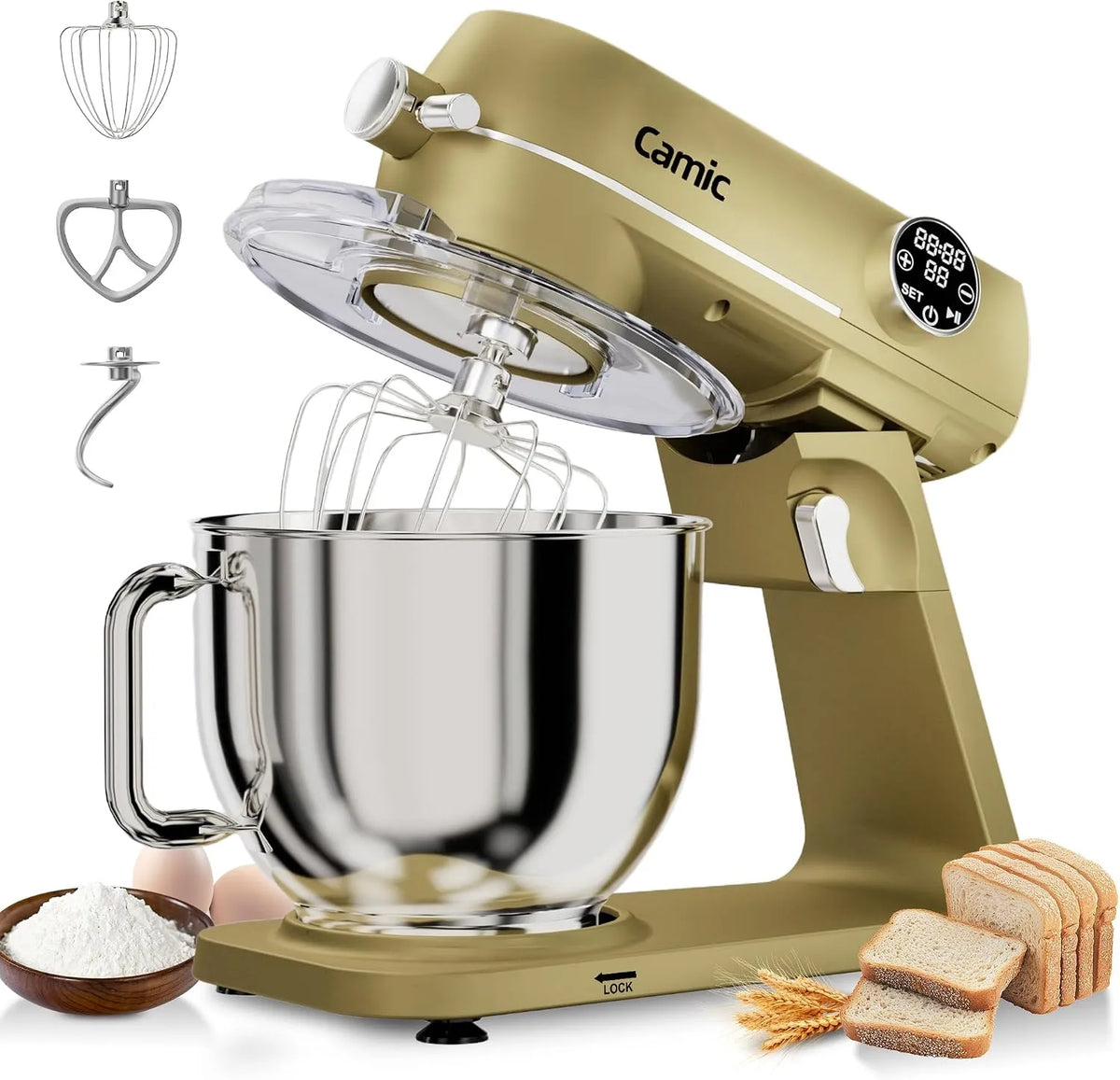 Robot pâtissier Camic, Bol Inox 8L 10 niveaux de vitesse, Minuterie, Crochet Pétrisseur et Batteur Pour la Préparation de Gâteaux et Pains