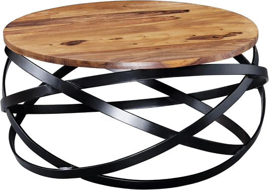 Table, WOHNLING Basse MANUR 60x30x60 cm Basse en Bois Massif, métal Sheesham, de Salon Design Ronde, de Salle Industrielle Marron