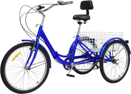 Vélo, 24 pouces, 3 roues, avec panier à provisions, personnes âgées et femmes, bleu, 7 niveaux de vitesse, 7 niveaux de vitesse