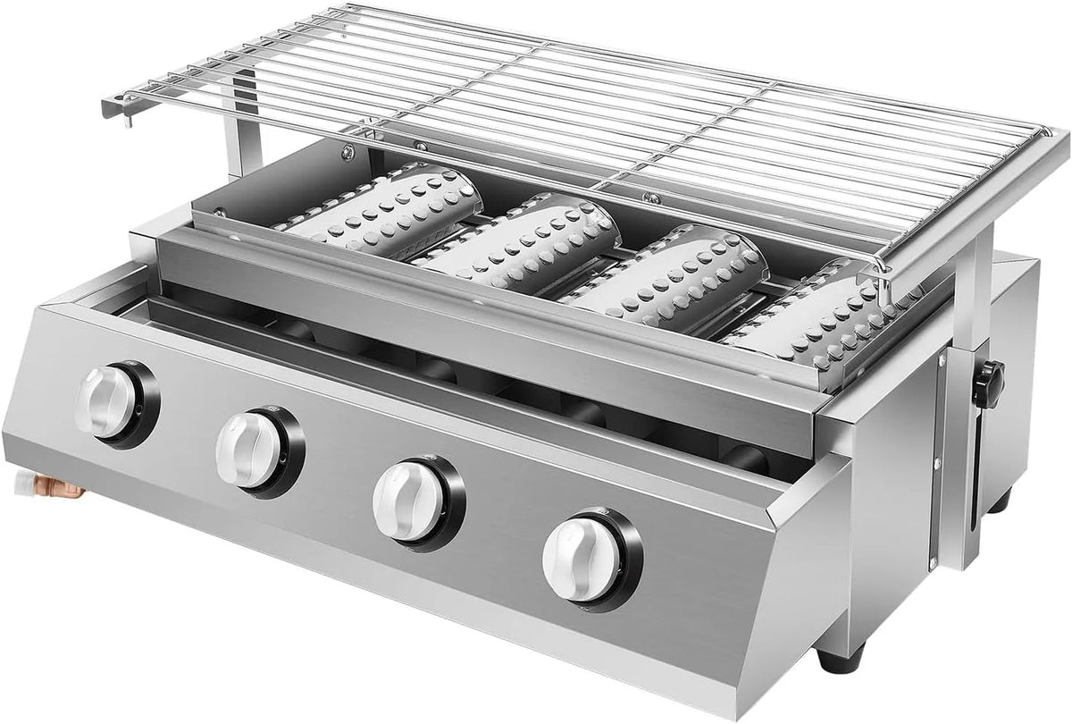 Barbecue à gaz, 4 brûleurs en acier inoxydable GPL, portable, sans fumée, pour camping, balcon, jardin et extérieur