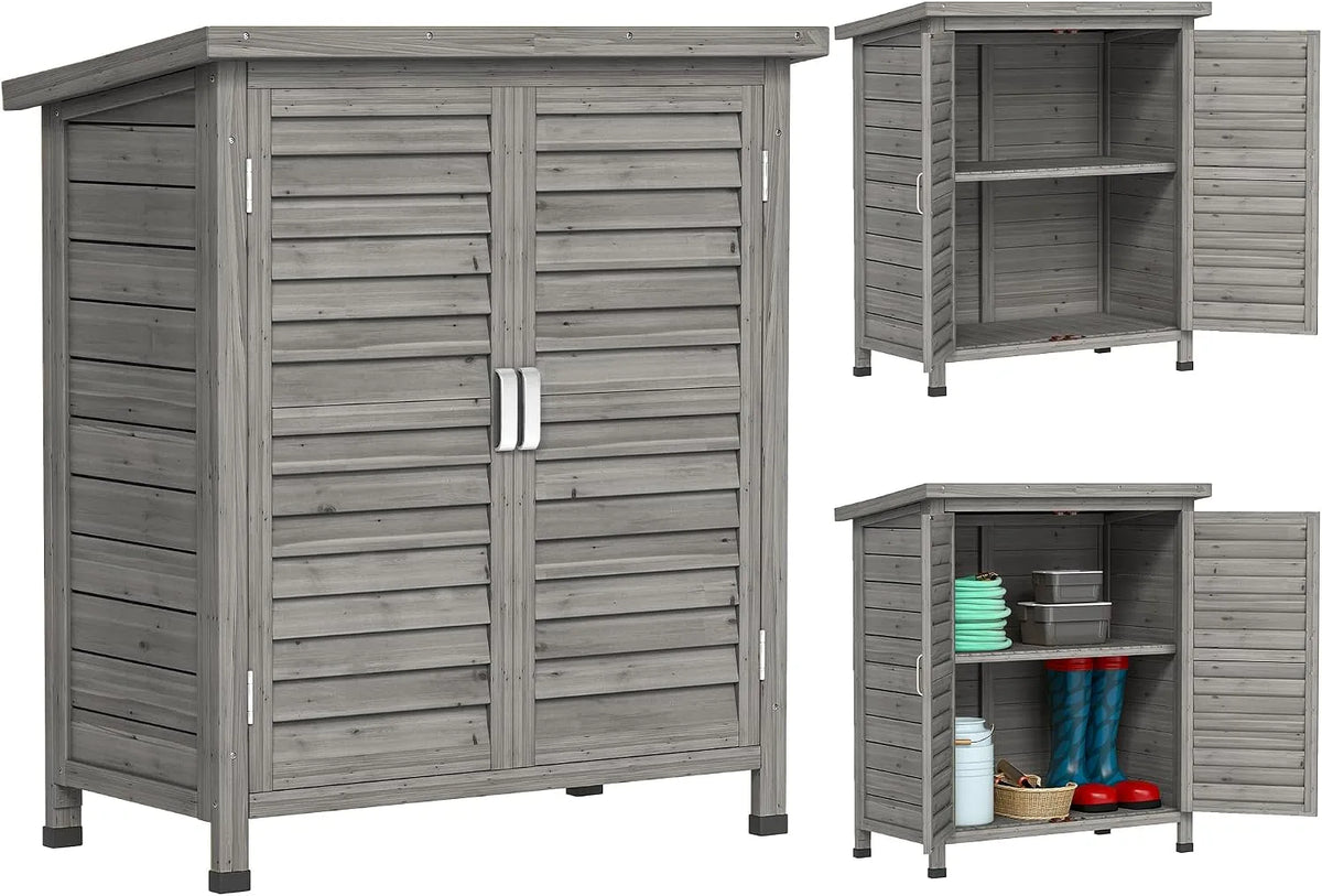 Armoire de jardin Outsunny, abri Jardin Remise pour Outils sur Pied dim. 87L x 46,5l x 96,5H cm étagère Portes persiennes Toit bitumé finition grise