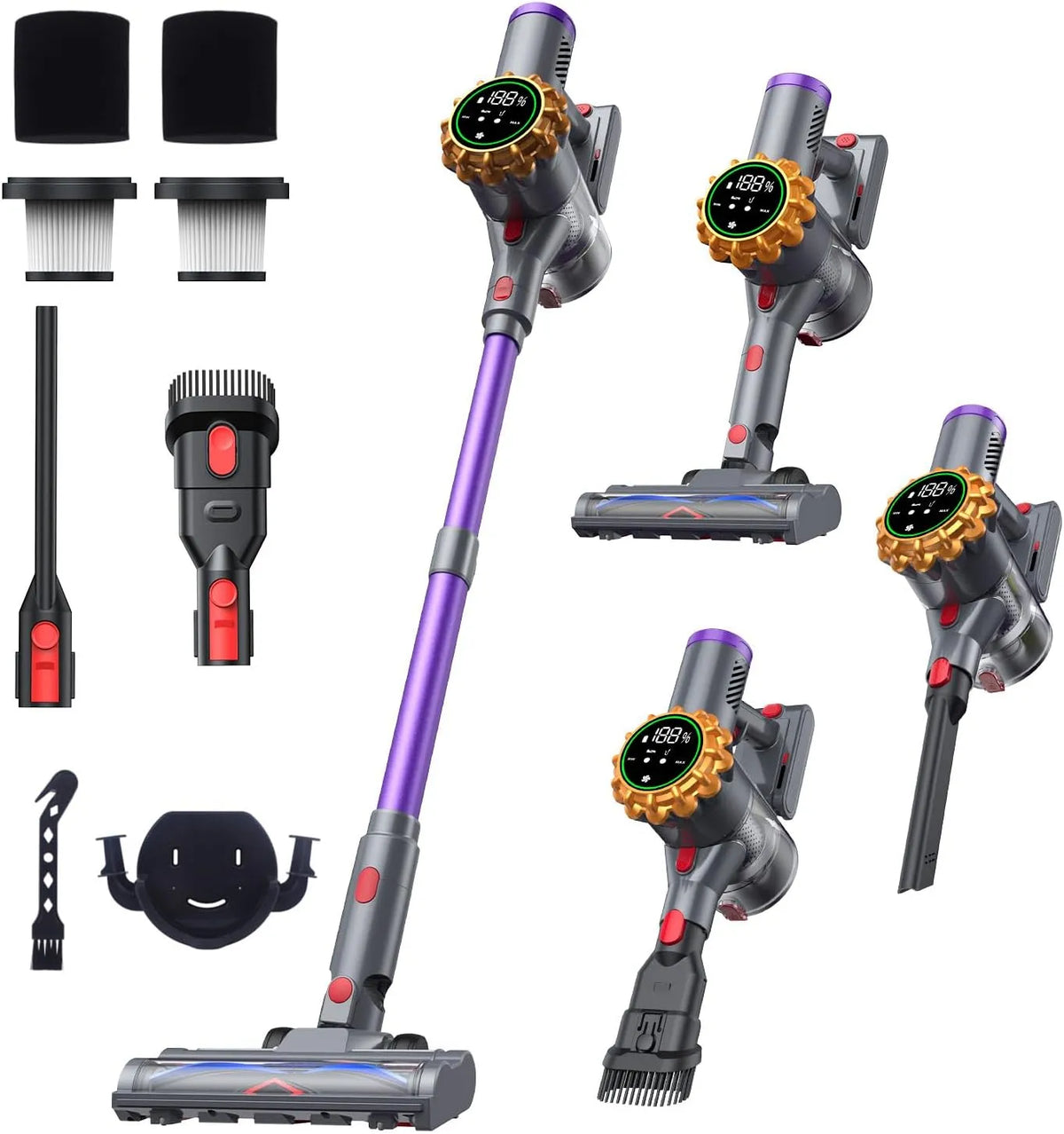 Aspirateur balai, avec écran LED Aspirateur, sans Fil 50000PA, Puissance d'aspiration pour Poils d'animaux, Tapis, Sols Durs, Voiture