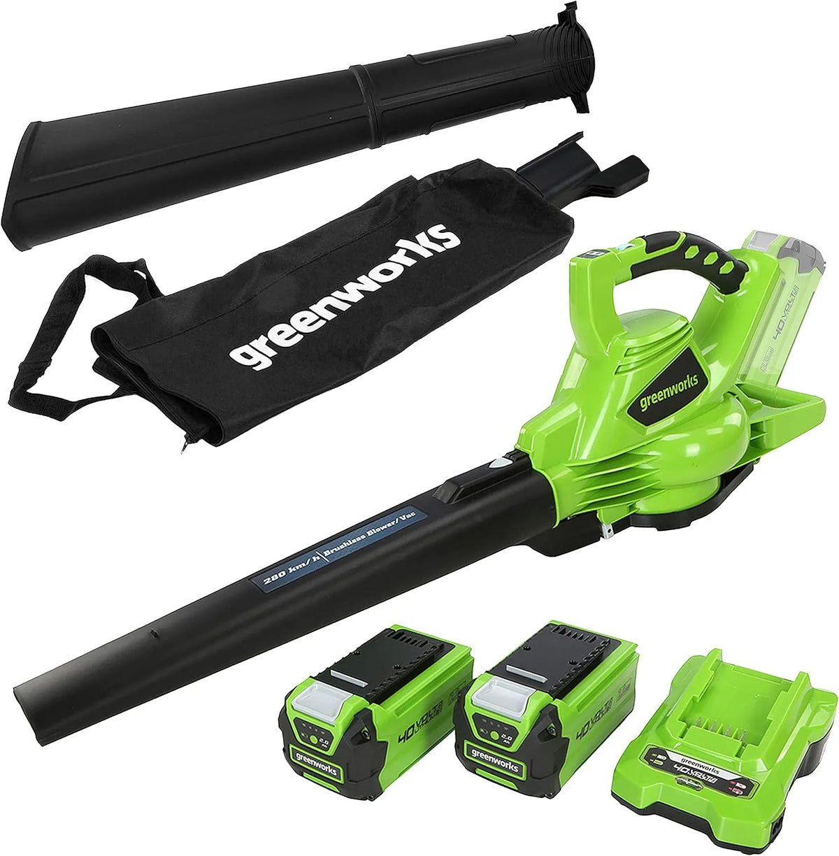 Greenworks aspirateur GD40BVK2X, 9,63 m³/min, tension 40V Souffleur Sans fil de Feuilles à Batterie avec Moteur Sans Balais, 280 km/h