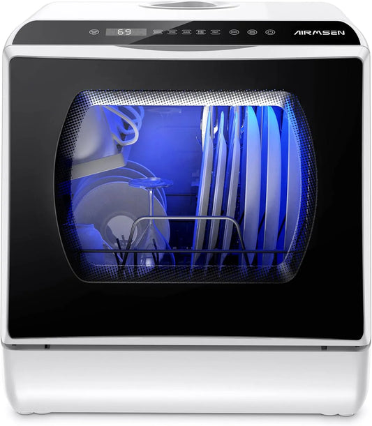 Lave-vaisselle AIRMSEN Mini, Réservoir d'Eau de 5L, Contrôle Tactile et Écran LED, Appartements et Dortoirs, 5+1 Programmes, de Comptoir