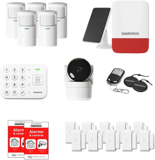 Daewoo modèle, 10 Contacteurs + 5 Détecteurs de Mouvement VIG105, Security, Pack Alarme Connectée WiFi, Kit Complet sans Abonnement, Sirène Solaire