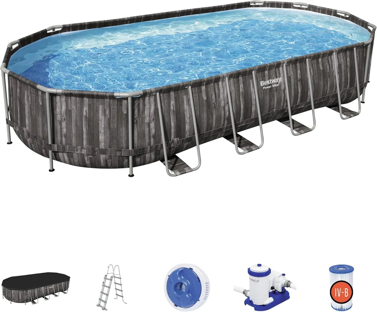 Bestway, piscine hors sol ovale Power Steel décor bois 732 x 366 x 122 cm
