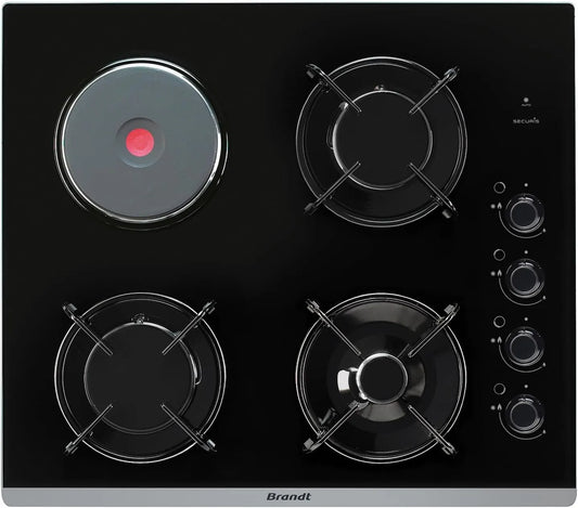 Plaque de cuisson BPG6413BM 6200 Brandt, puissance 1500W Electrique et Gaz, Table de Cuisson, 4 Foyers, Sécurité Gaz par Thermocouple, finition noire