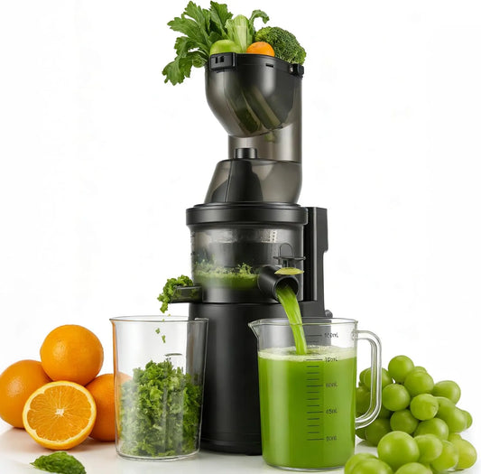 Extracteur de jus, Lave-Vaisselle, Lent 400W avec 140mm de Goulotte, 1,8L Capacité, 90% Rendement, INCL. 2 Verres, sans BPA, Silencieux
