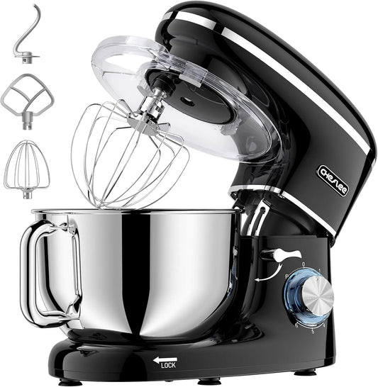 Robot pâtissier CHeflee, Fouet & Crochet 6 niveaux de vitesse, capacité 6.2 L Robot de Cuisine Multifonction Faible Bruit avec Bol en Acier inox de