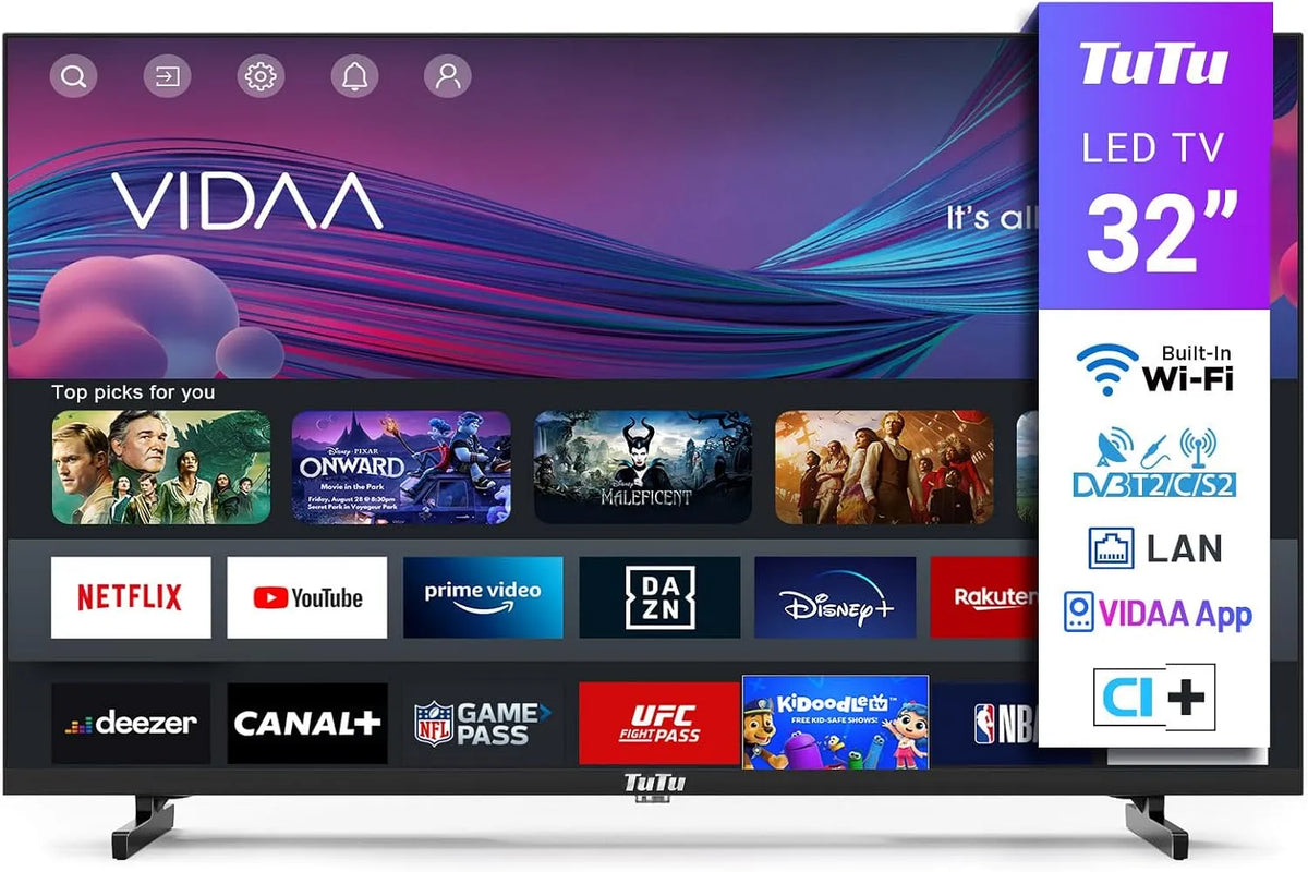 Smart TV TUV32HQ1B TuTu, 32 Pouces, largeur 80 cm, S2, T2, VIDAA Remote App, 2024, WiFi VIDAA Connectée Télévision sans Bord avec Triple Tuner, DVB-C