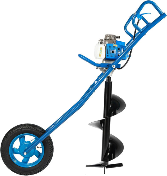 Perceuse, Tarière à essence à 2 temps, 63 CC 2,2 kW, Ø 300 mm, monté sur roues, embouts de forage pour brouette, tarière de terre, bleu