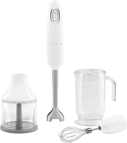 Smeg mixeur HBF03WHEU, Fonction Turbo et Système de Coupe Flowblend, avec Poignée Antidérapante, Accessoires Inclus, Puissance 700W, Plongeant
