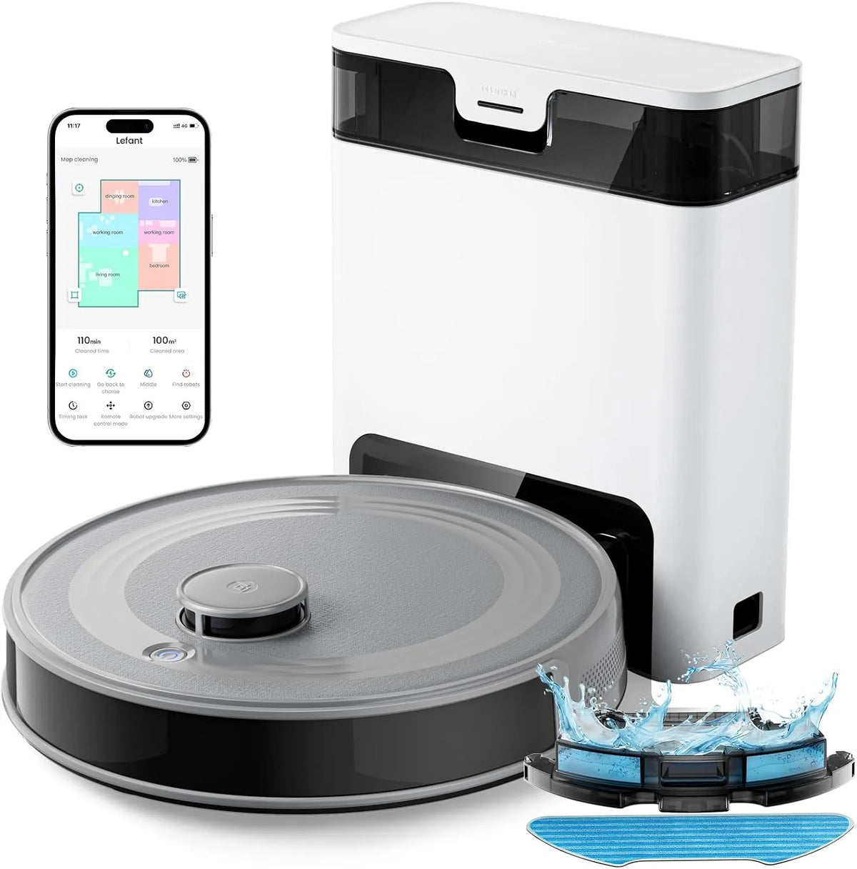 Aspirateur, Lefant M2 Pro Robot Laveur 6000Pa avec Station Vidage Automatique Poussière, Navigation avec Cartographie, Nettoyage Personnalisé