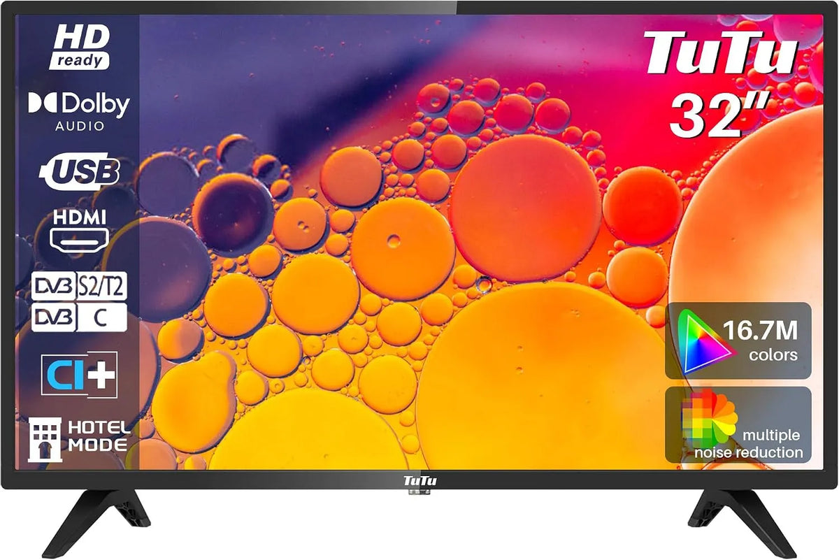 Téléviseur TUB32HD1N, largeur 80 cm, S2, Television avec Dolby Audio, Mode Hôtel, DVB-T, finition noire, TuTu TV 32 Pouces, T2-C-S, CI