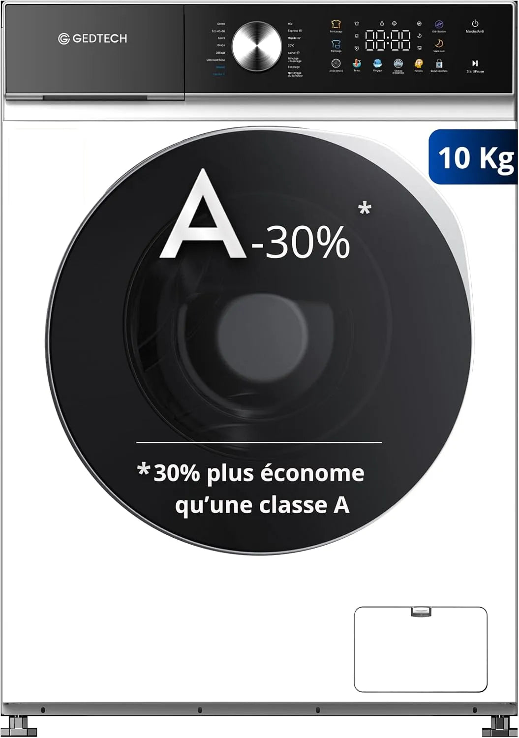 Lave-linge GLLPS101400WH GEDTECH, poids 10 Kg, 16 programmes, 1400 tr, frontal, mn, Eco, Intensif, Rapide