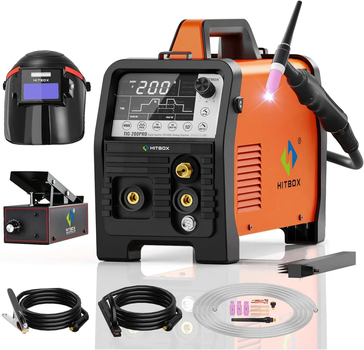 Poste à souder 2T/4T TIG200PRO HITBOX, TIG 200A, MMA, Nettoyage TIG, pédale de commande et casque de soudage, tension 230V 6-en-1 avec démarrage HF