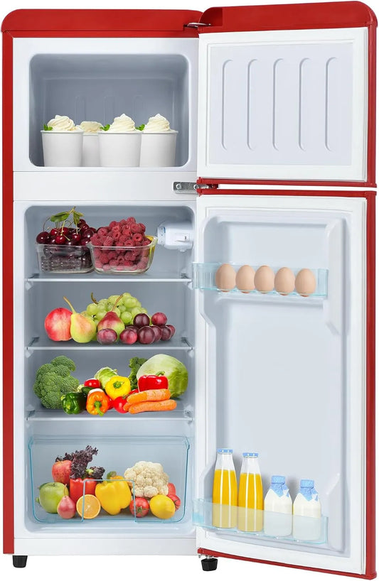 Réfrigérateur, température réglable 7 niveaux, éclairage LED, Rouge, combiné rétro 2 portes avec compartiment congélateur indépendant