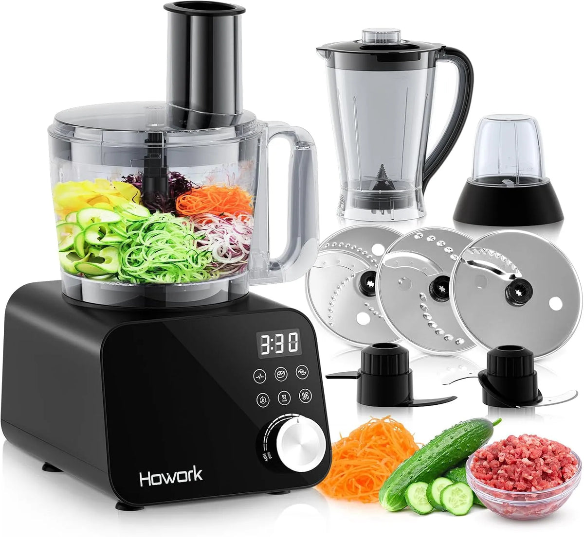 Robot de cuisine Howork, puissance 1500W, Pour Déchiqueter, Trancher, Hacher, Moudre, Faire des Smoothies, Farcir et Faire de la Pâte